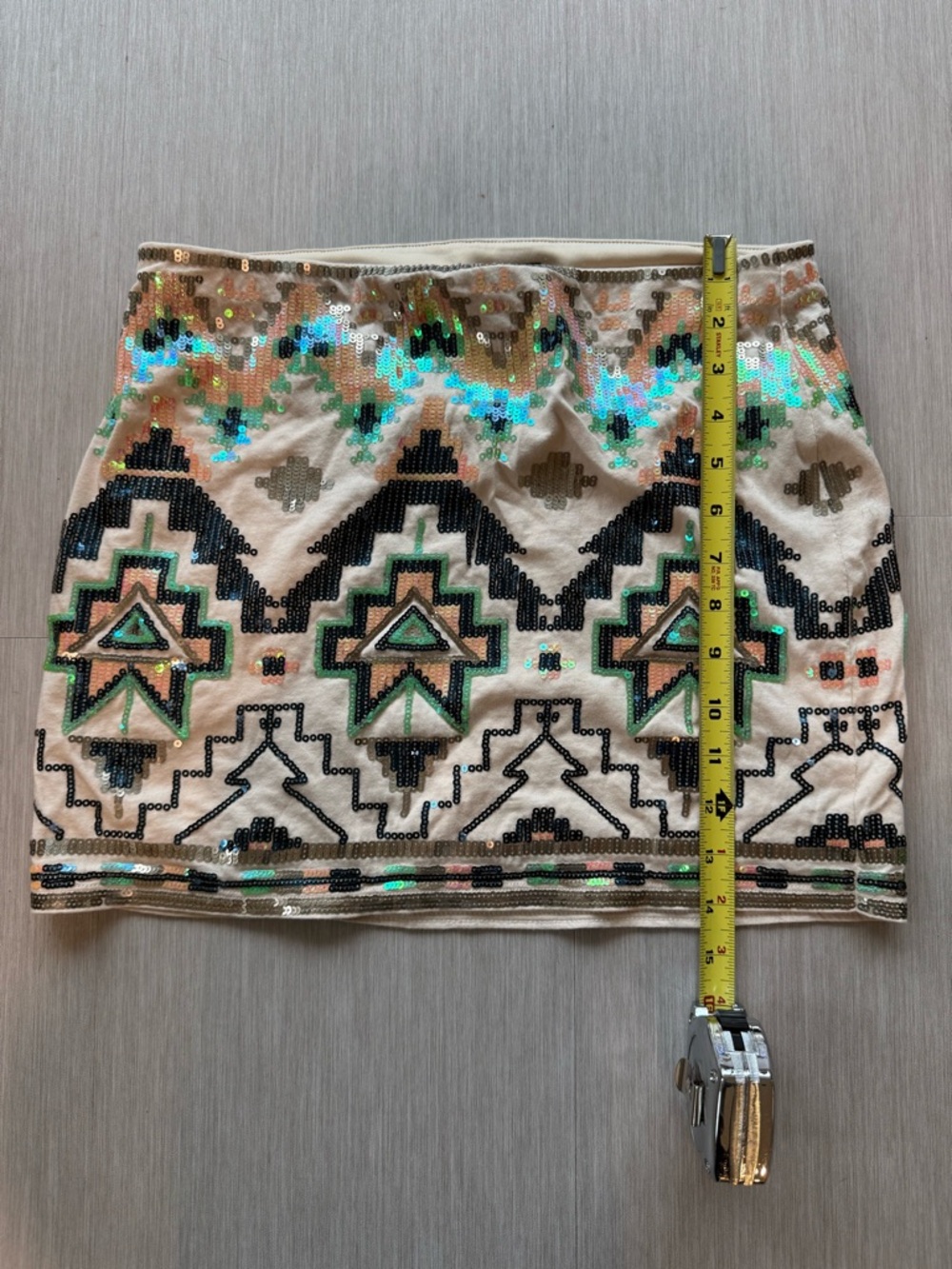 Express sequined Geo Mini Skirt in Cream, Black, Green and Aqua
